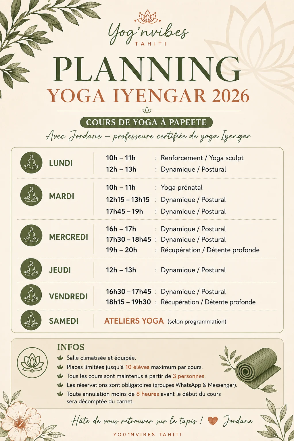 Planning des cours collectifs Yog’nvibes 2026